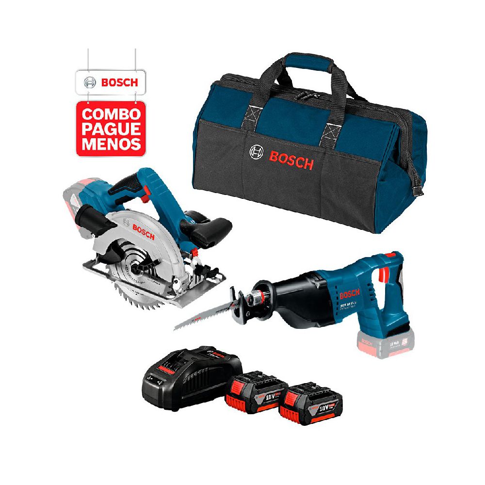 Combo Pague Menos Bosch 18V - Serra Sabre GSA 18V-LI + Serra Circular GKS 18V-57, 2 baterias 18V 4,0Ah 1 carregador e 1 bolsa 