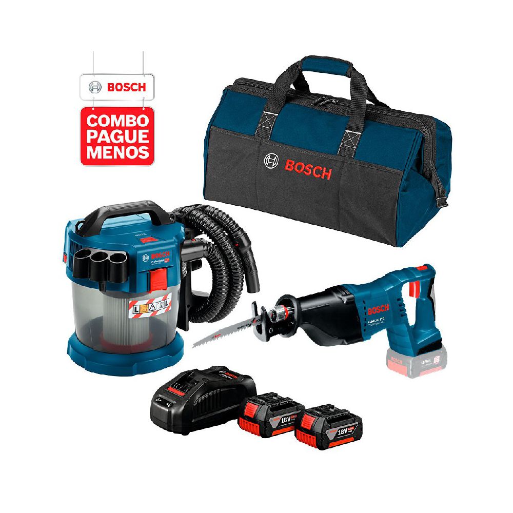 Combo Pague Menos Bosch 18V - Serra Sabre GSA 18V-LI + Aspirador de Pó GAS 18V-10 L, 2 baterias 18V 4,0Ah 1 carregador e... - Ritec Máquinas e Ferramentas