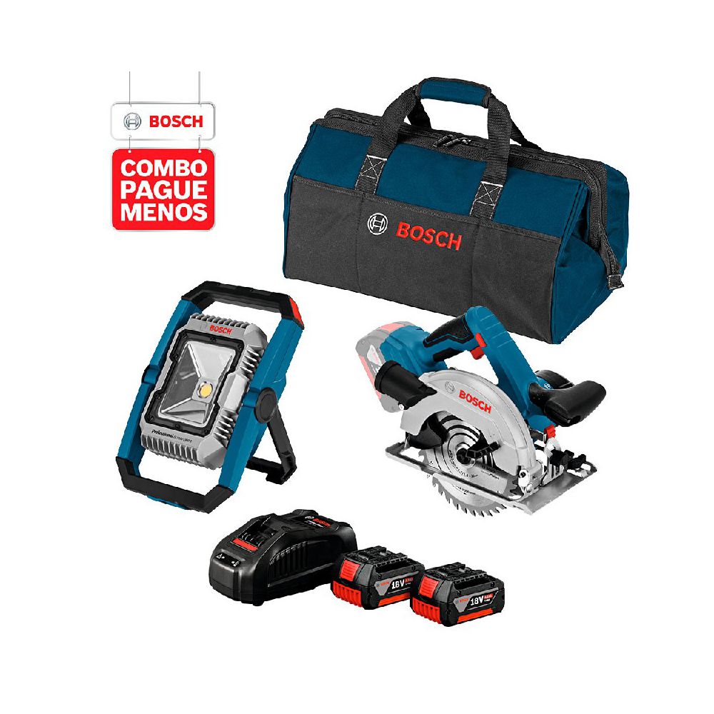 Combo Pague Menos Bosch 18V - Serra Circular GKS 18V-57 + Lanterna GLI 18V-1900, 2 baterias 18V 4,0Ah 1 carregador e 1 bolsa