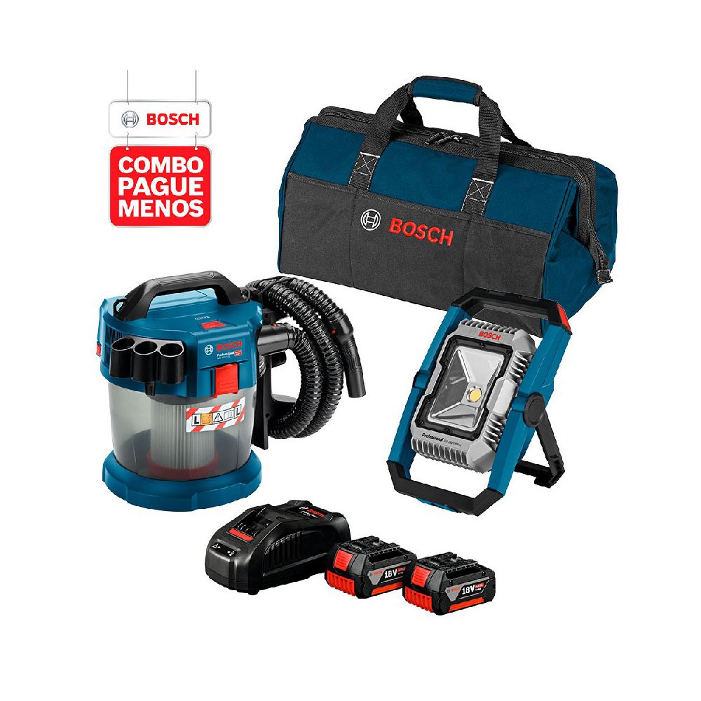 Combo Pague Menos Bosch 18V - Lanterna GLI 18V-1900 + Aspirador de Pó GAS 18V-10 L, 2 baterias 18V 4,0Ah 1 carregador e ... - Ritec Máquinas e Ferramentas