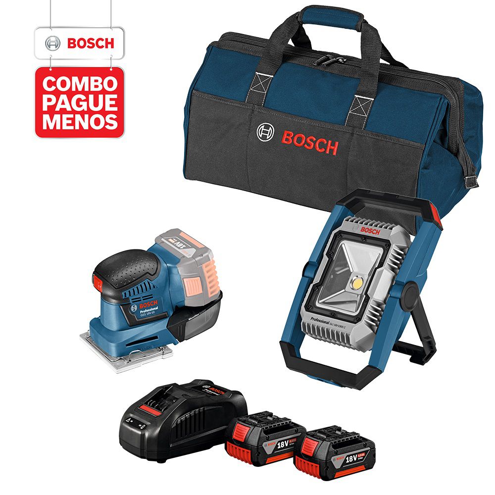 Combo Pague Menos Bosch 18V - Lanterna GLI 18V-1900 + Lixadeira GSS 18V-10, 18V, 2 baterias 18V 4,0Ah 1 carregador e 1 b... - Ritec Máquinas e Ferramentas