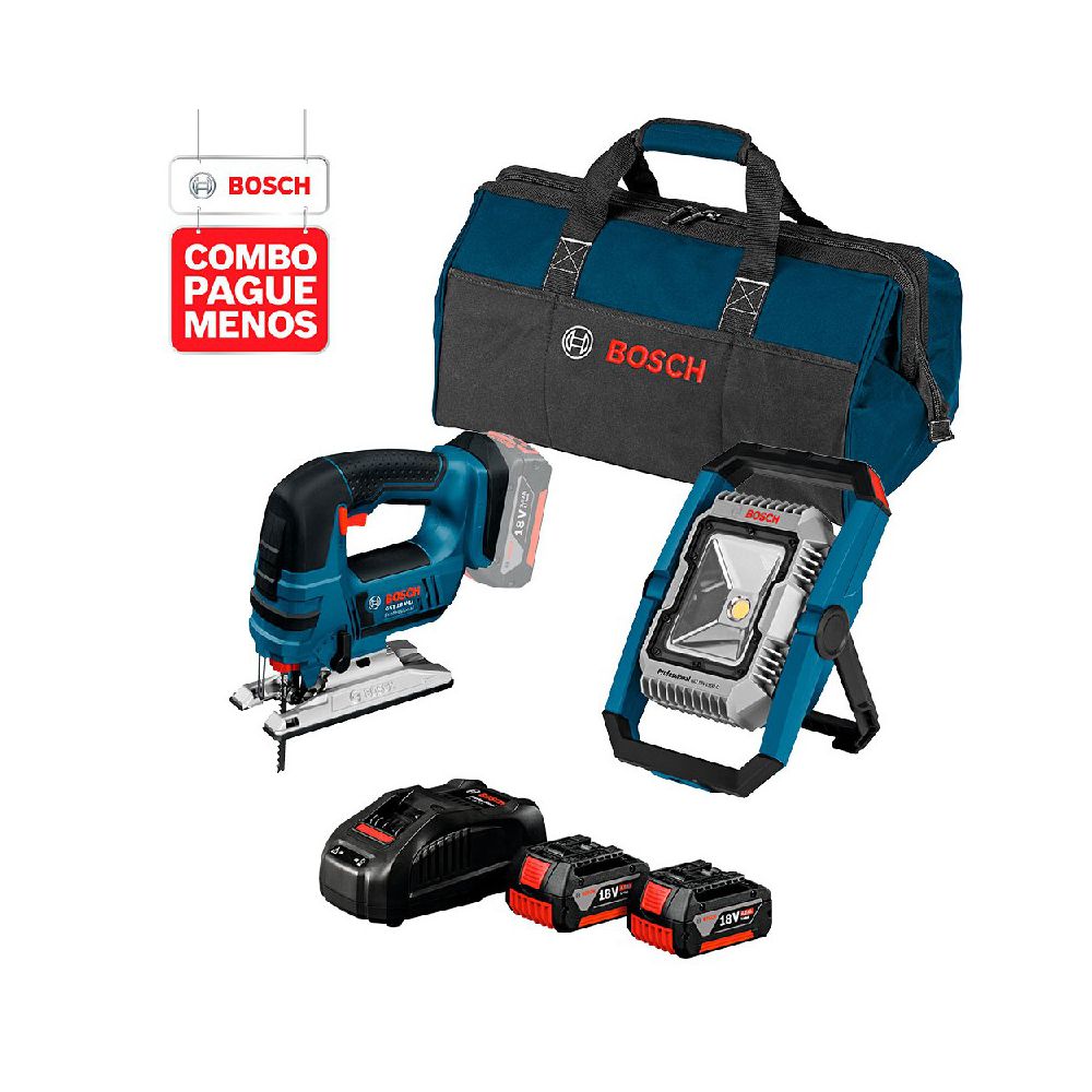 Combo Pague Menos Bosch 18V - Lanterna GLI 18V-1900 + Serra Tico-Tico GST 18V-LI, 18V, 2 baterias 18V 4,0Ah 1 carregador... - Ritec Máquinas e Ferramentas