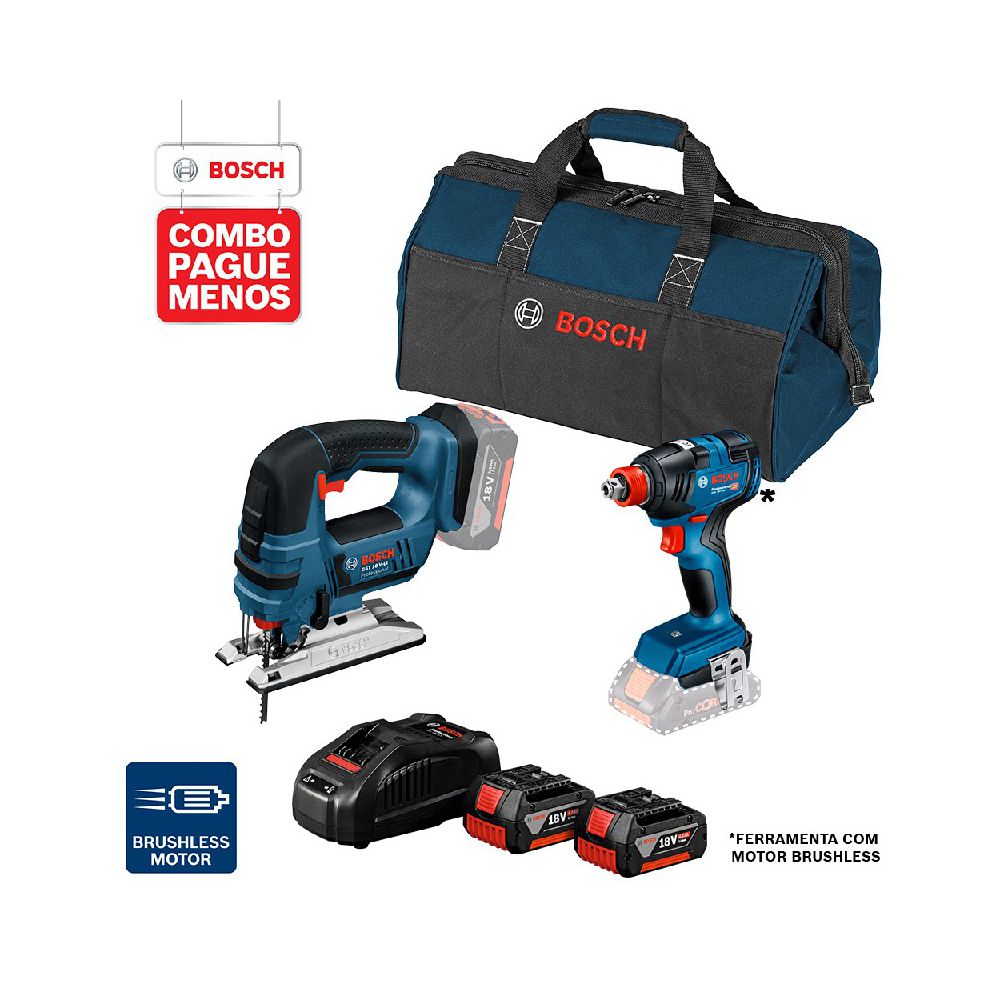 Combo Pague Menos Bosch 18V - Chave de Impacto GDX 18V-200 + Serra Tico-Tico GST 18V-LI, 2 baterias 18V 4,0Ah 1 carregado e 1 bolsa