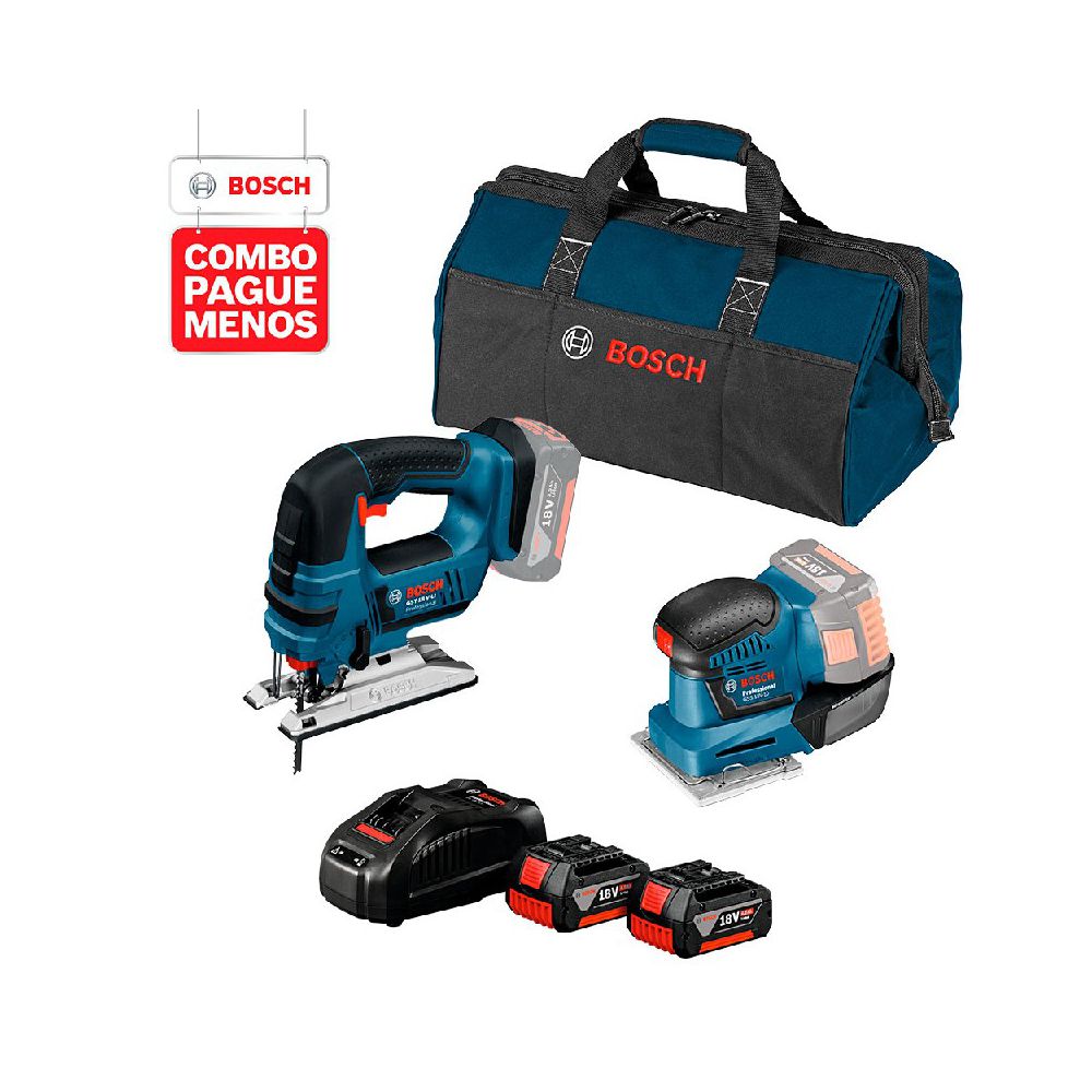 Combo Pague Menos Bosch 18V -Lixadeira GSS 18V-10 + Serra Tico-Tico GST 18V-LI, 2 baterias 18V 4,0Ah 1 carregador e 1 bolsa