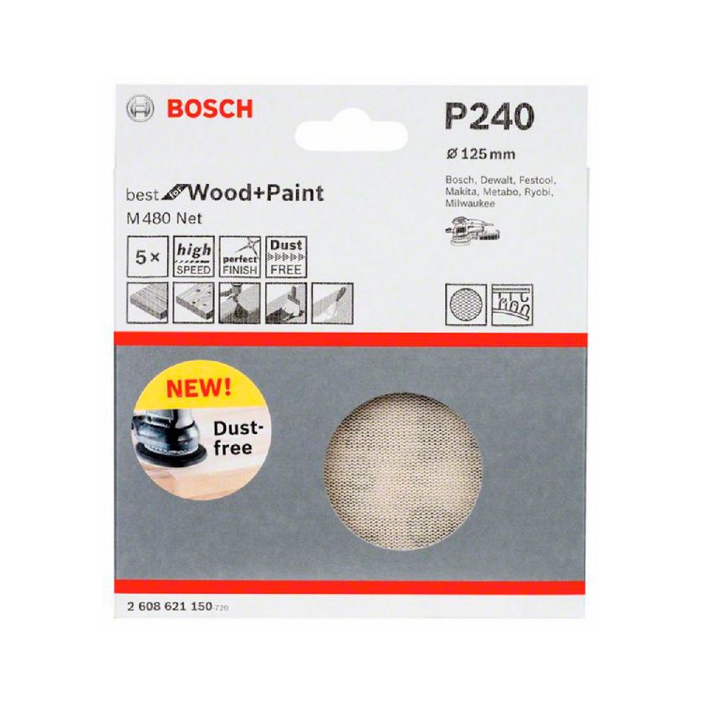 Disco de Lixa Bosch M480 Best for Wood & Paint; 125mm G240 Pacote com 5 unidades