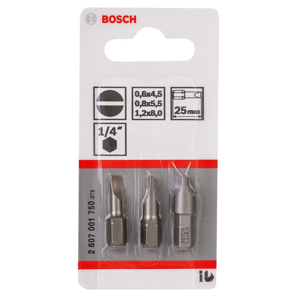 Jogo de Pontas para parafusar Bosch Fenda 25mm, 3 peças S0,6x4,5, S0,8x5,5, S1,2x8,0 Extra Hard - Ritec Máquinas e Ferramentas