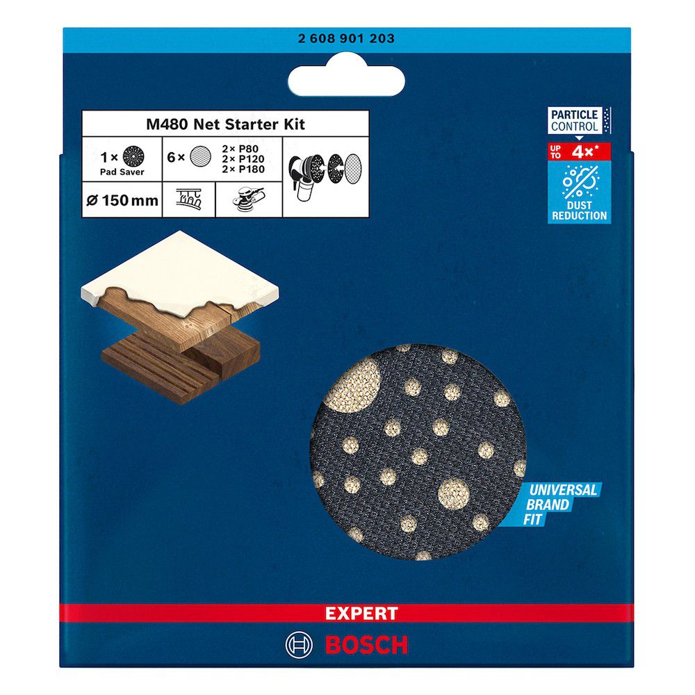 Starter kit Bosch EXPERT M480 150 mm 2xG80 2XG120 2XG180 + 1 prato de borracha, 7 peças - Ritec Máquinas e Ferramentas