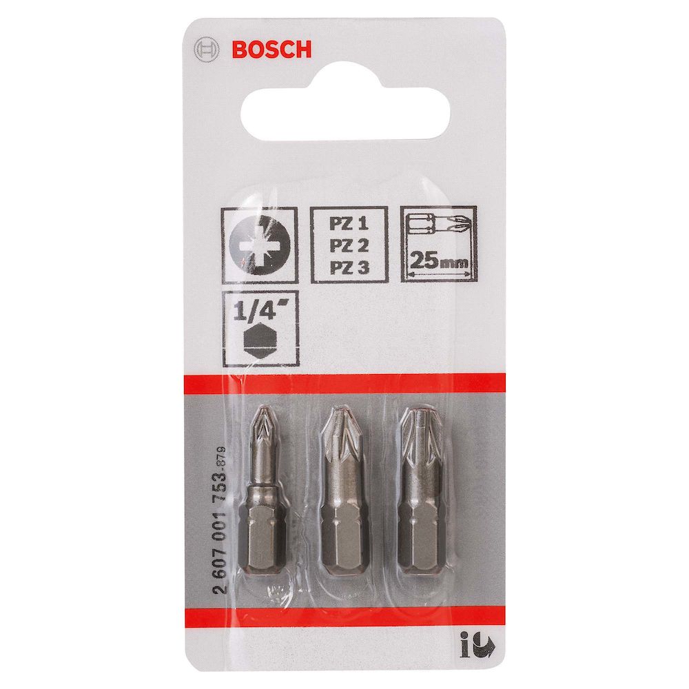 Jogo de Pontas para parafusar Bosch Pozidriv 25mm, 3 peças PZ1, PZ2, PZ3 Extra Hard - Ritec Máquinas e Ferramentas