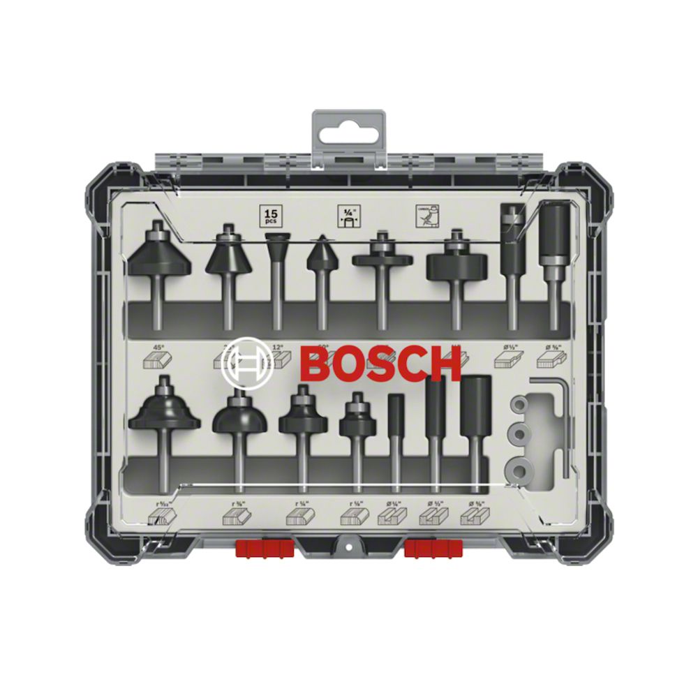 Jogo de fresas misto Bosch Standard encaixe de 1/4'' 15 peças - Ritec Máquinas e Ferramentas