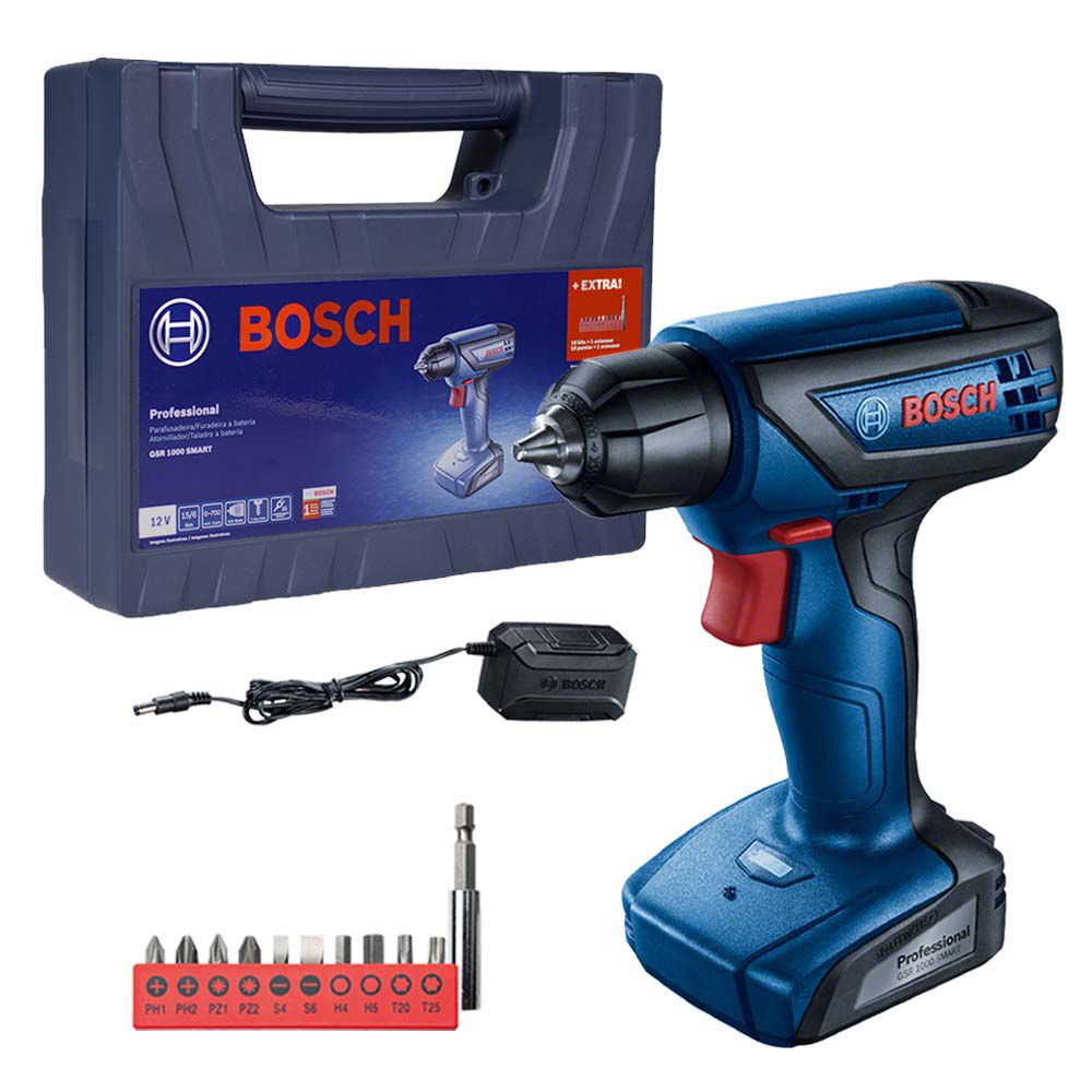 Parafusadeira Furadeira Bosch GSR 1000 Smart 12V bateria e maleta - Ritec Máquinas e Ferramentas