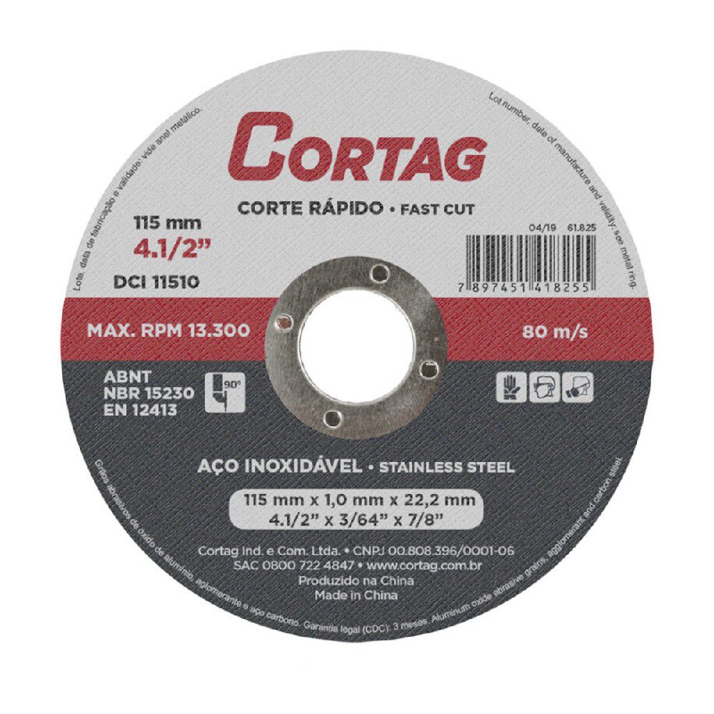 Disco De Corte Fino 115x22,2x1,0mm (61825) - Cortag - Ritec Máquinas e Ferramentas