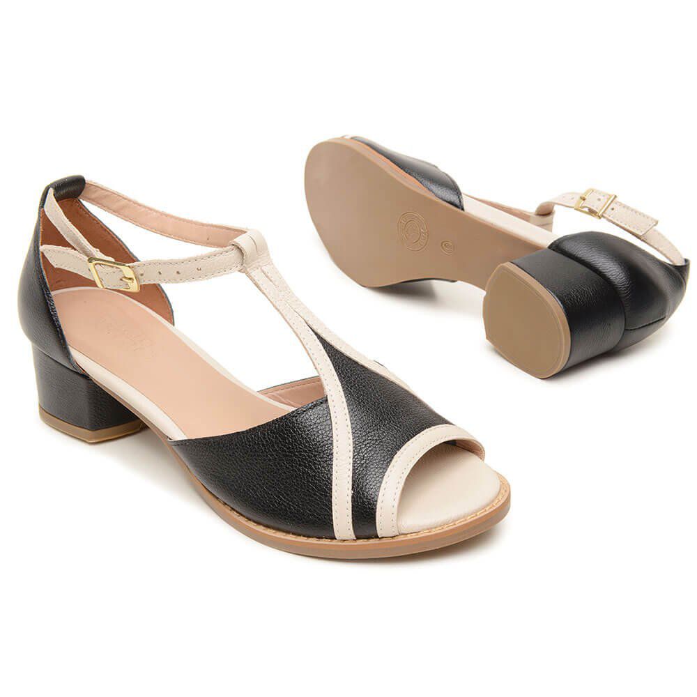 Sandália Peep Toe RetrÔ - Preta e Off White - ITAIM