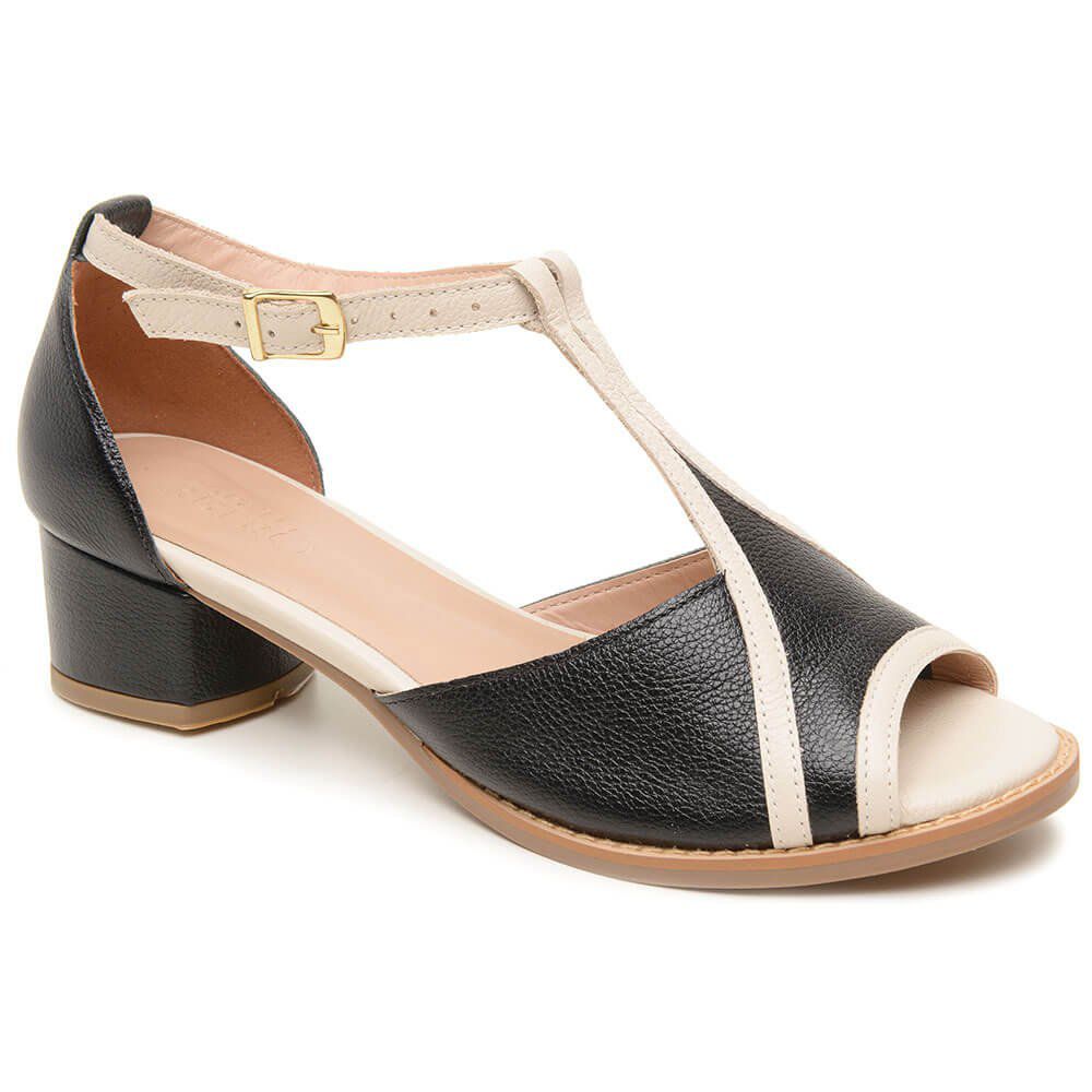Sandália Peep Toe RetrÔ - Preta e Off White - ITAIM