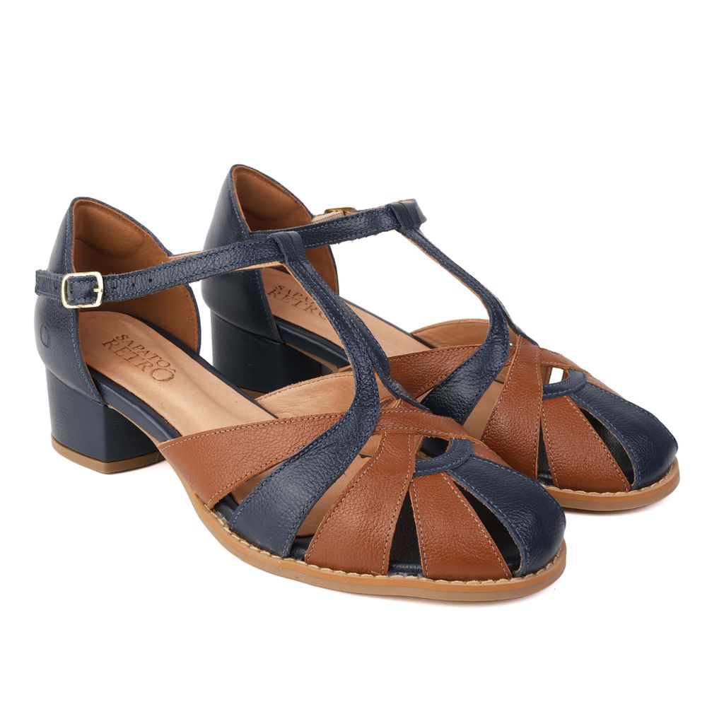 Sapato Boneca - Azul Marinho e Chocolate - BROMÉLIA