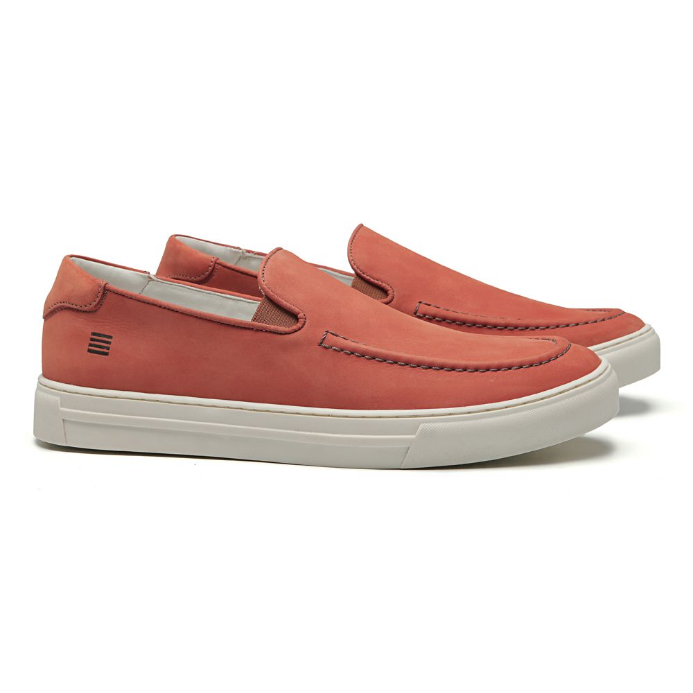 SAPATO MOCASSIM MASCULINO CASUAL EM COURO LARANJA COM CONFORTO