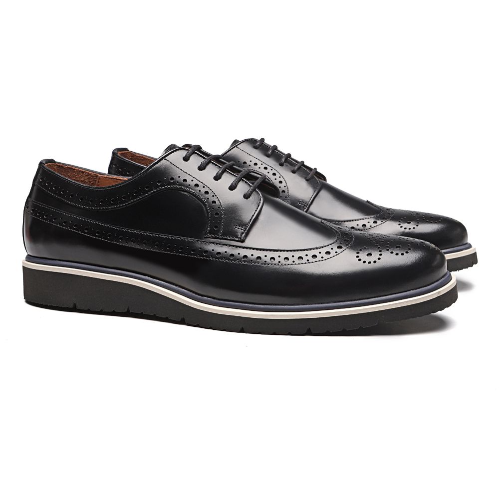 SAPATO DERBY BROGUE MASCULINO CASUAL EM COURO PRETO COM CONFORTO 