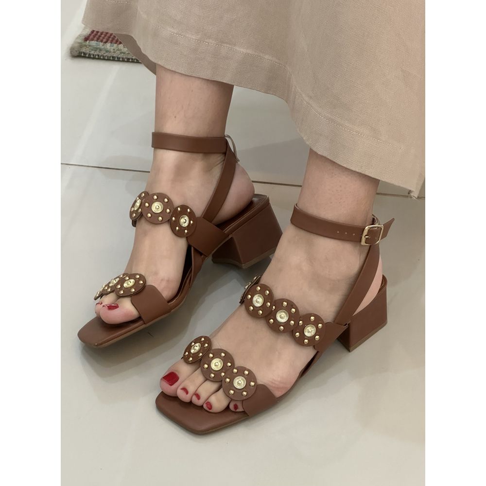 MEIRE - SANDALIA FEMININA SALTO BLOCO BOHO CARAMEL... - SEVEN FOR YOU