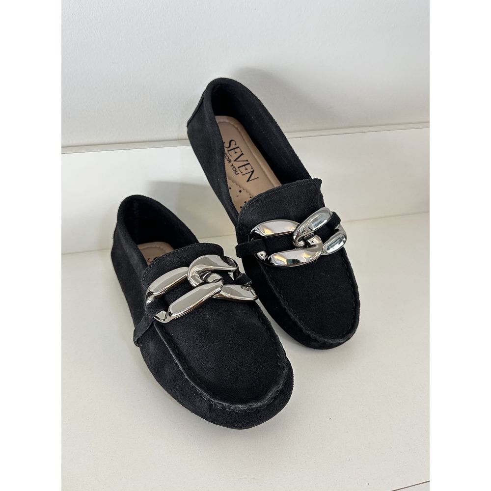 GABRIELA - MOCASSIM FEMININO COURO FIVELA ONIX PRE... - SEVEN FOR YOU