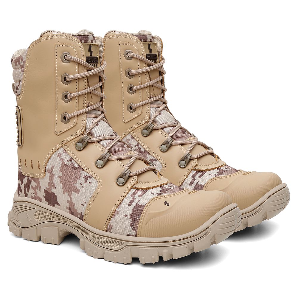 Bota Militar Tática Rota Couro Premium Biqueira PVC Alta Resistencia | Areia Camuflado