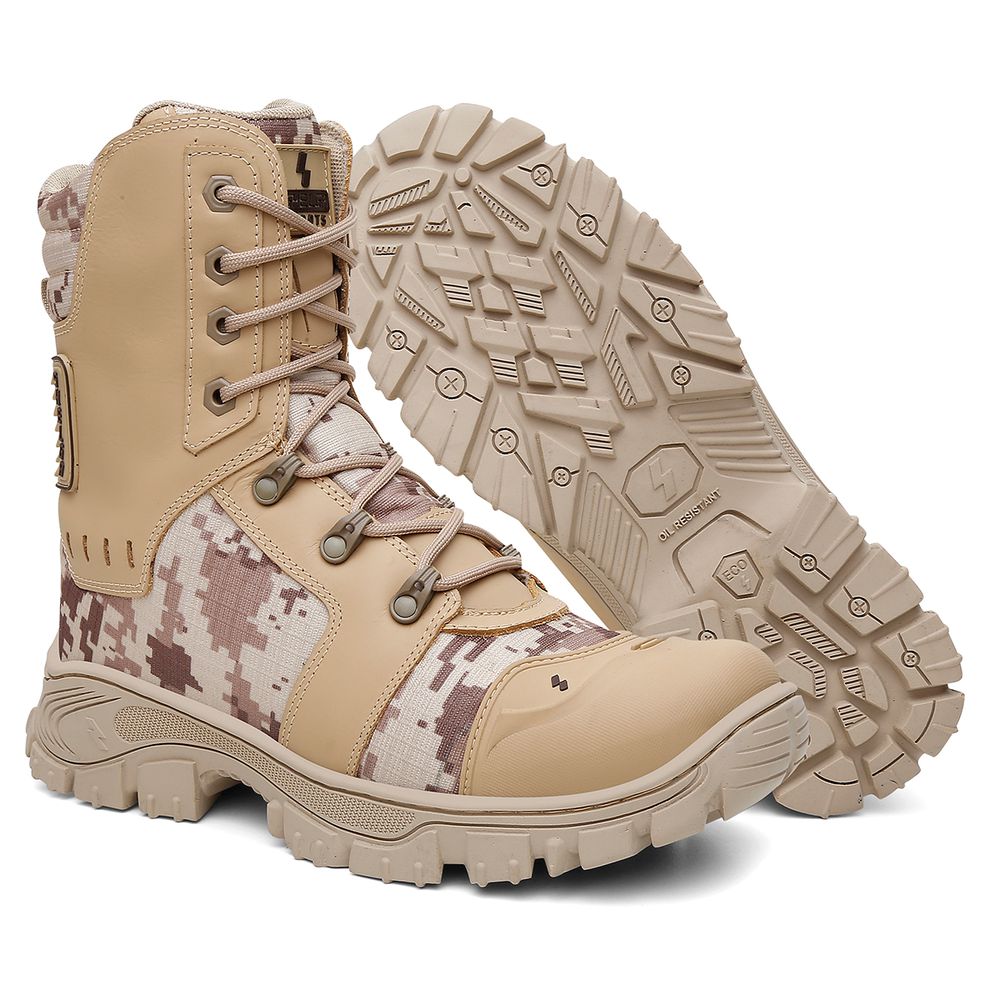 Bota Militar Tática Rota Couro Premium Biqueira PVC Alta Resistencia | Areia Camuflado