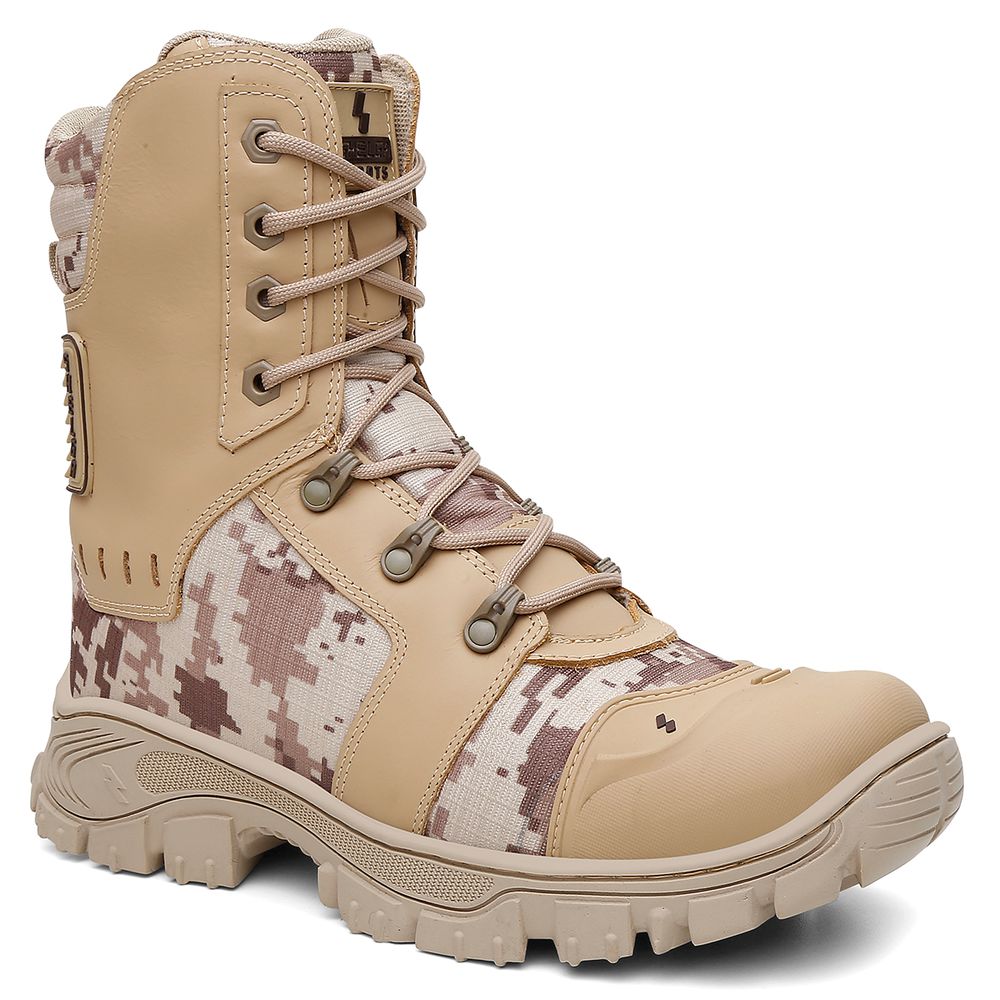 Bota Militar Tática Rota Couro Premium Biqueira PVC Alta Resistencia | Areia Camuflado
