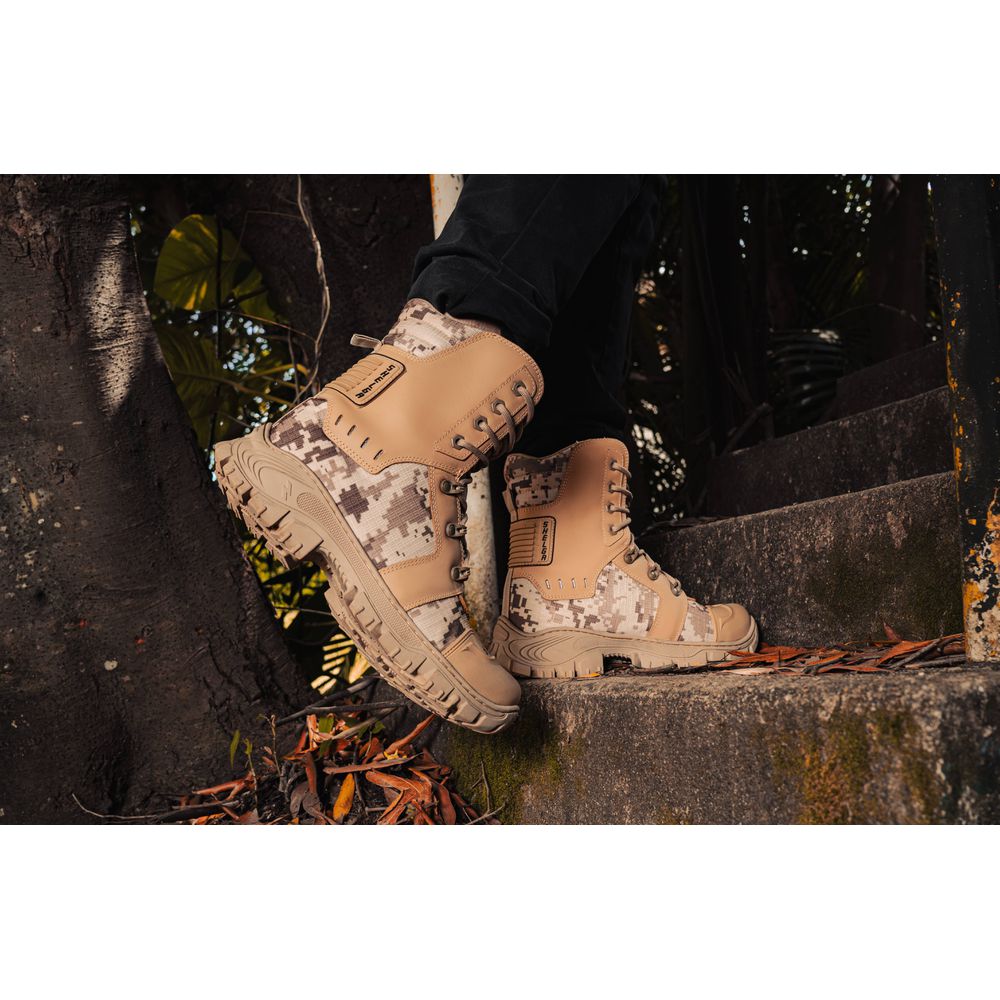 Bota Militar Tática Rota Couro Premium Biqueira PVC Alta Resistencia | Areia Camuflado