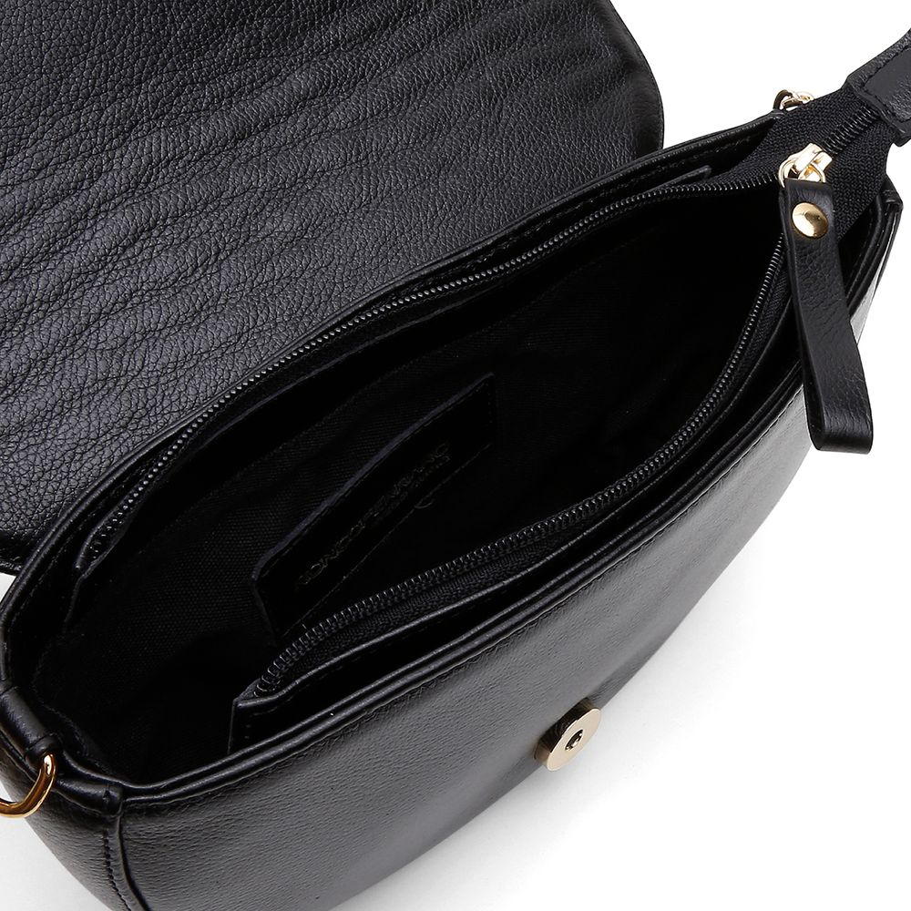 Bolsa Feminina Couro Legitimo Meia Lua Transversal Ronco Ferraro | Preto