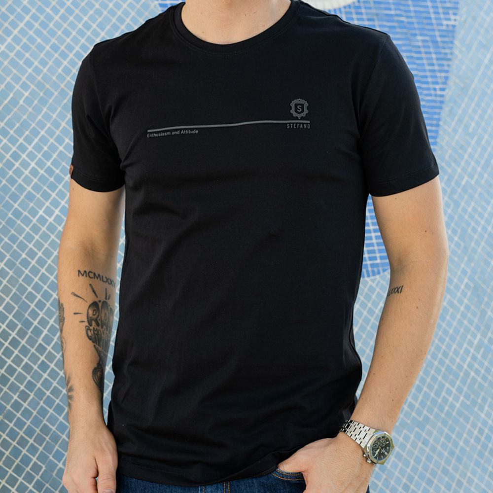 T-Shirt Pima Entusiasmo e Atitude Preta Stefano - Stefano Store