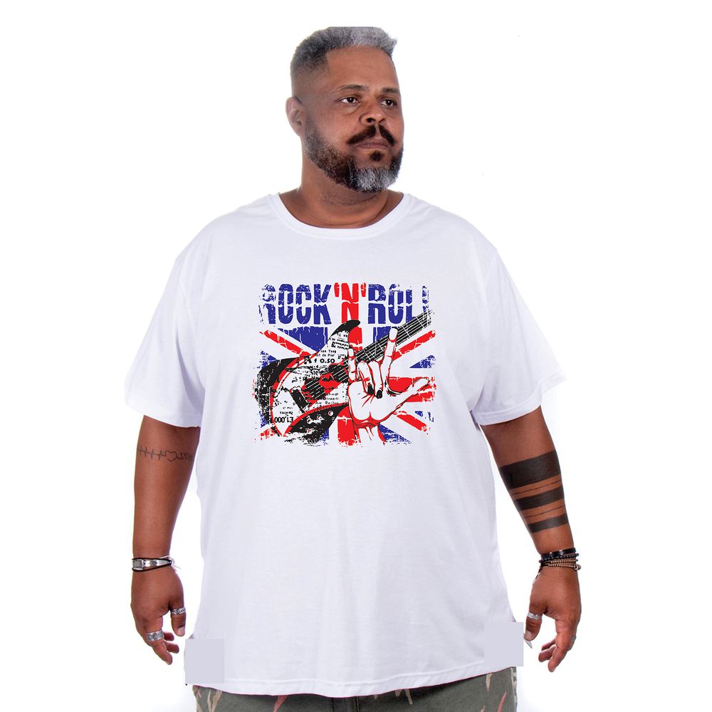 Camiseta Masculina Estampa Rock 'n' Roll Plus Size Branca