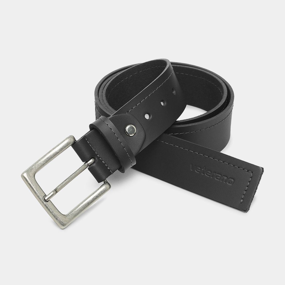 Cinto de Couro Soleta Preto Costurada fivela Prata Envelhecida