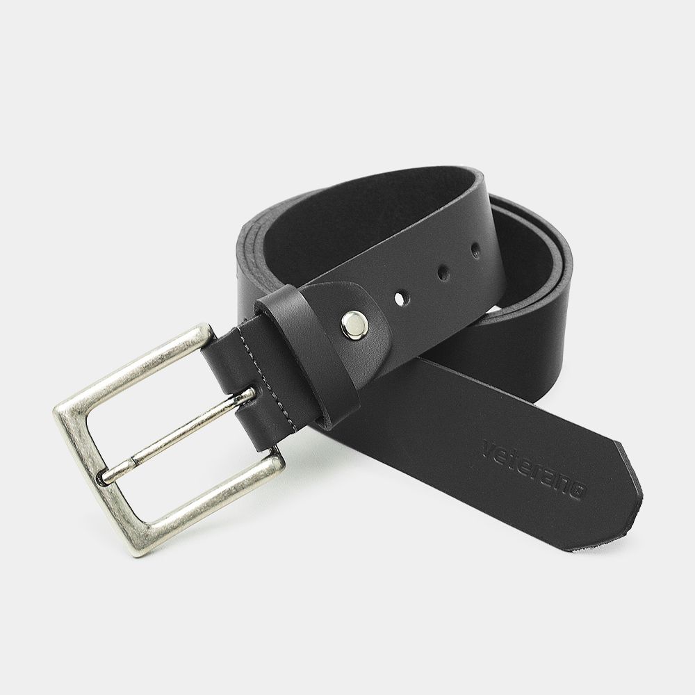 Cinto de Couro Soleta Preto fivela Prata Envelhecida
