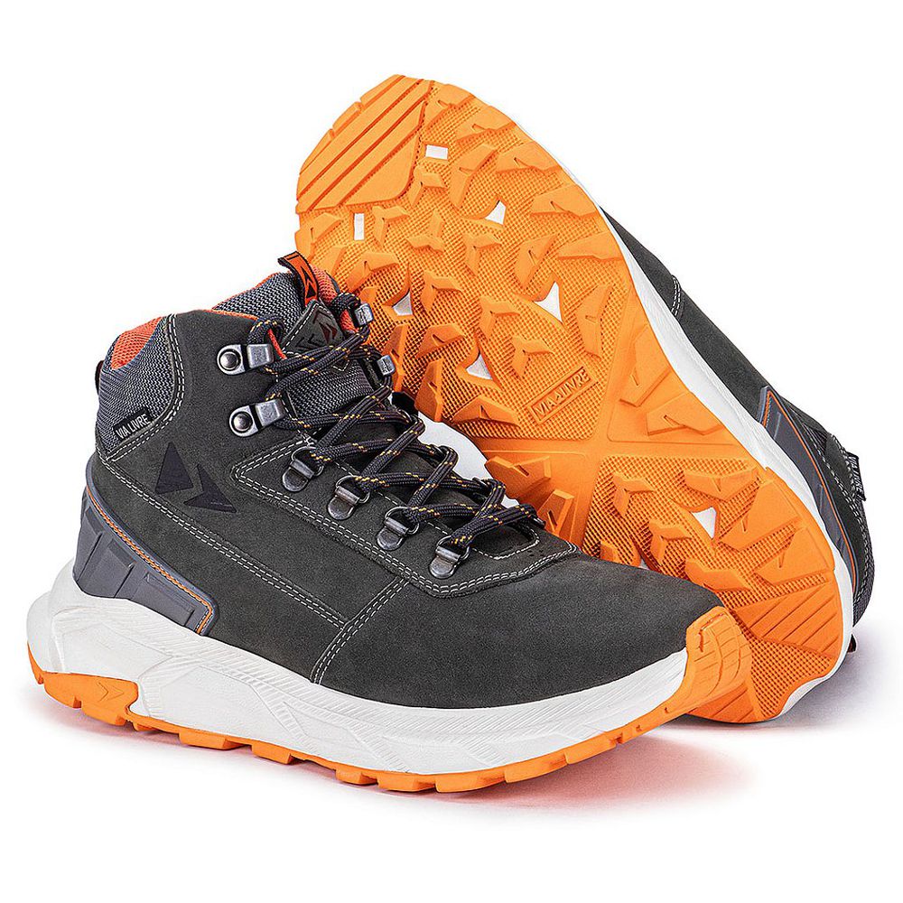 Bota Everest Coturno Masculino Couro Resistente Sola EVA Confortável - Cinza Laranja - Extra Leve - Via Livre Boots