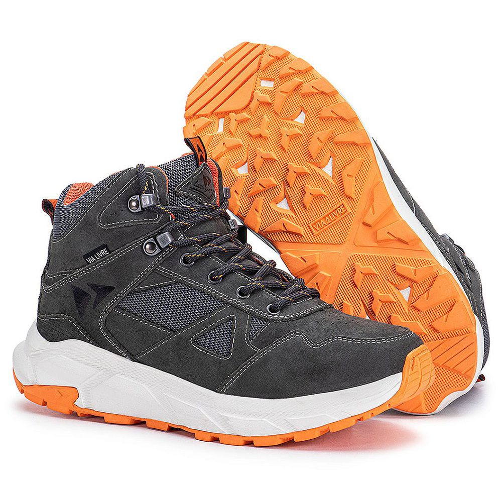Bota Prime Masculina Original Coturno Couro Resistente Sola EVA - Cinza Laranja - Extra Leve - Via Livre Boots
