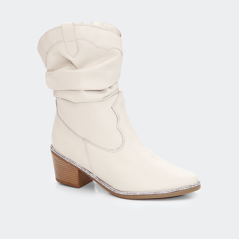 Bota Villa Griffe Western Slouchy Strass Off White - Villa Griffe