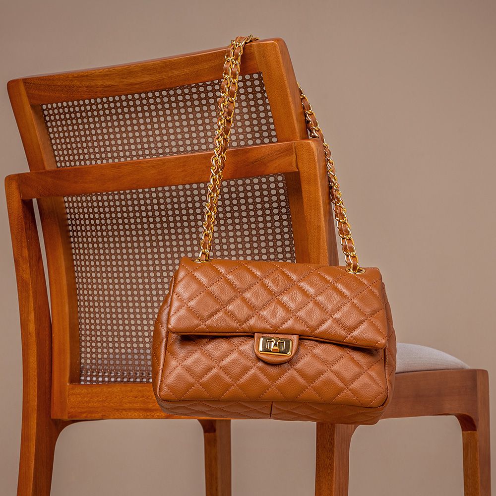 Bolsa Feminina de Couro Legítimo Caramelo Vittal Barbara Design Matelassê