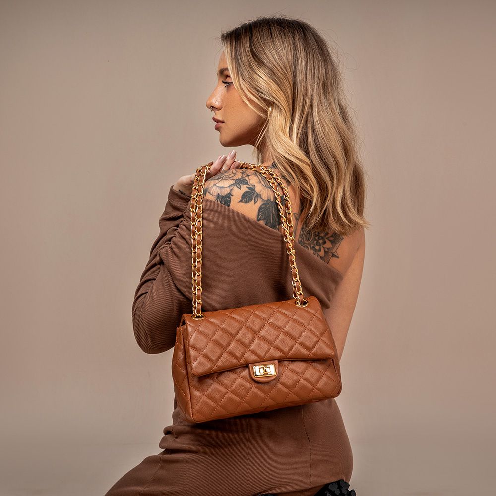 Bolsa Feminina de Couro Legítimo Caramelo Vittal Barbara Design Matelassê