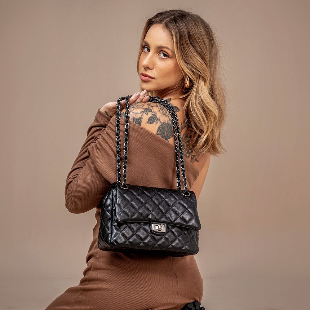 Bolsa Feminina de Couro Legítimo Preto Vittal Barbara Design Matelassê