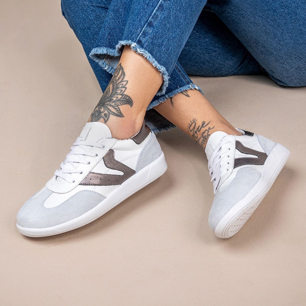 Tênis Feminino Em Couro Vittal Estela Branco e Onix