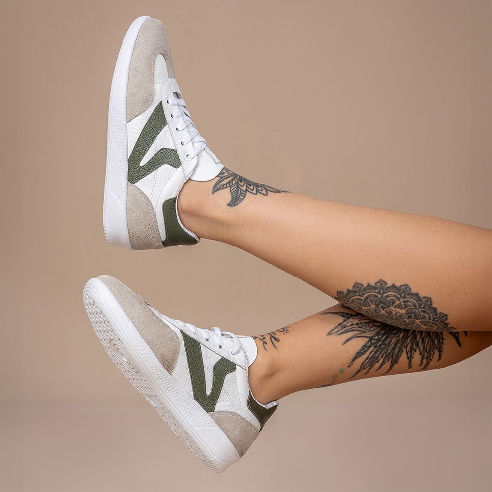 Tênis Feminino Em Couro Vittal Estela Branco e Verde