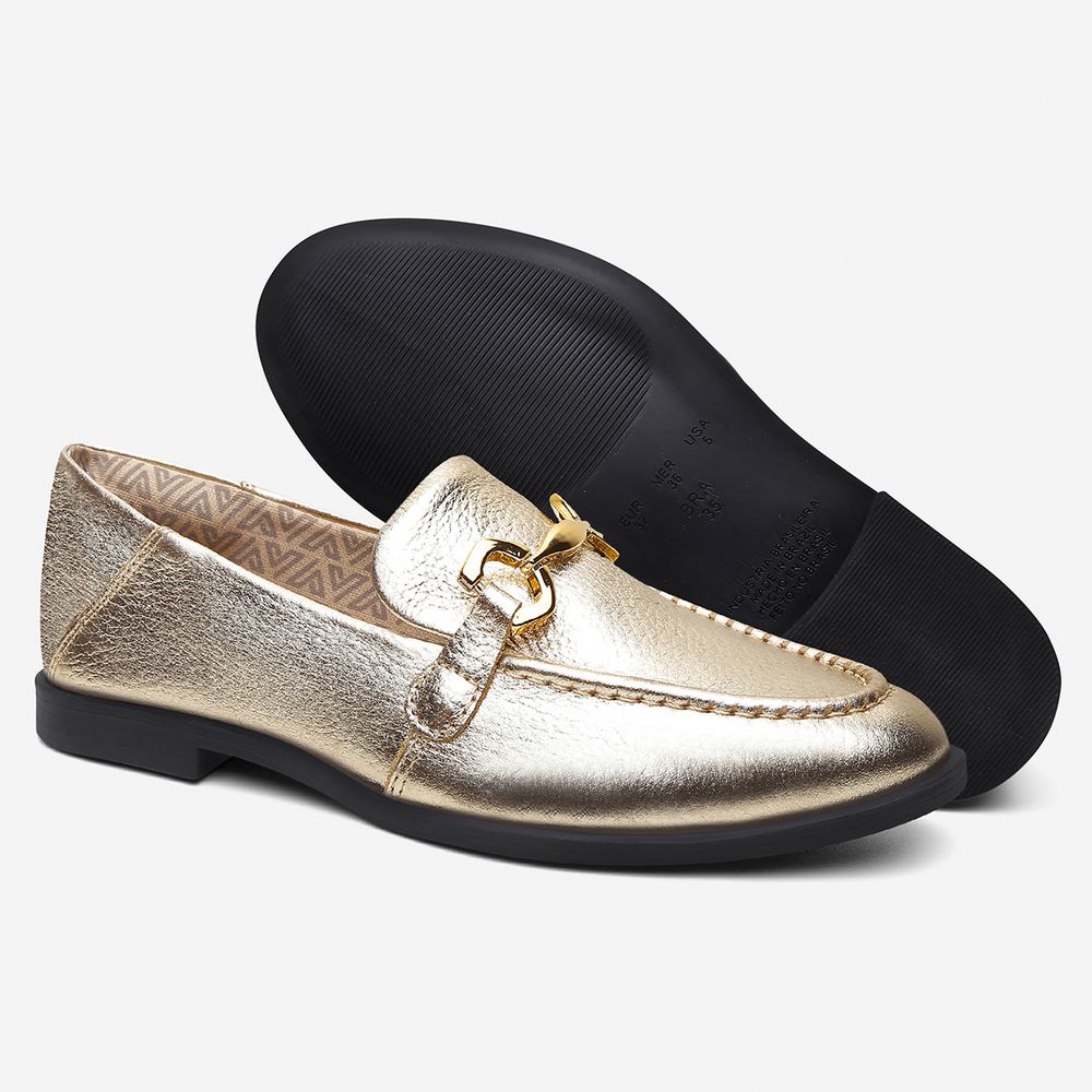 Mocassim Feminino Vittal Mara em Couro Legítimo Ouro com Fivela Dourada