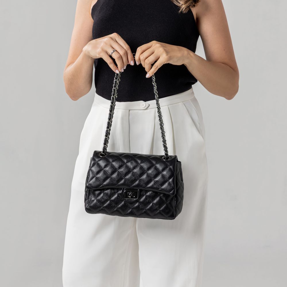 Bolsa Feminina de Couro Legítimo Preto Vittal Barbara Design Matelassê