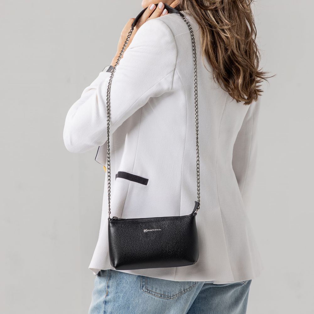 Bolsa Feminina Vittal Clutch Annelise em Couro Legitimo Preto Alça Corrente 