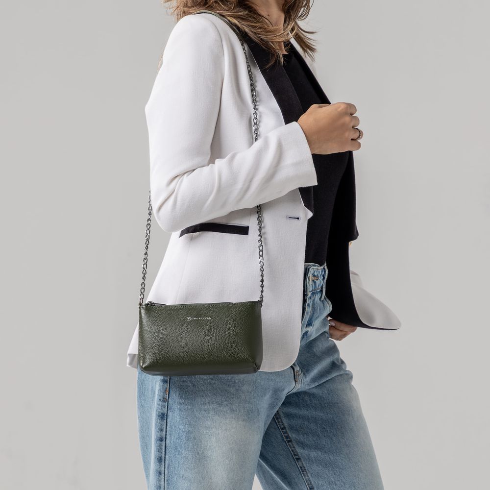 Bolsa Feminina Vittal Clutch Annelise em Couro Legitimo Verde Alça Corrente