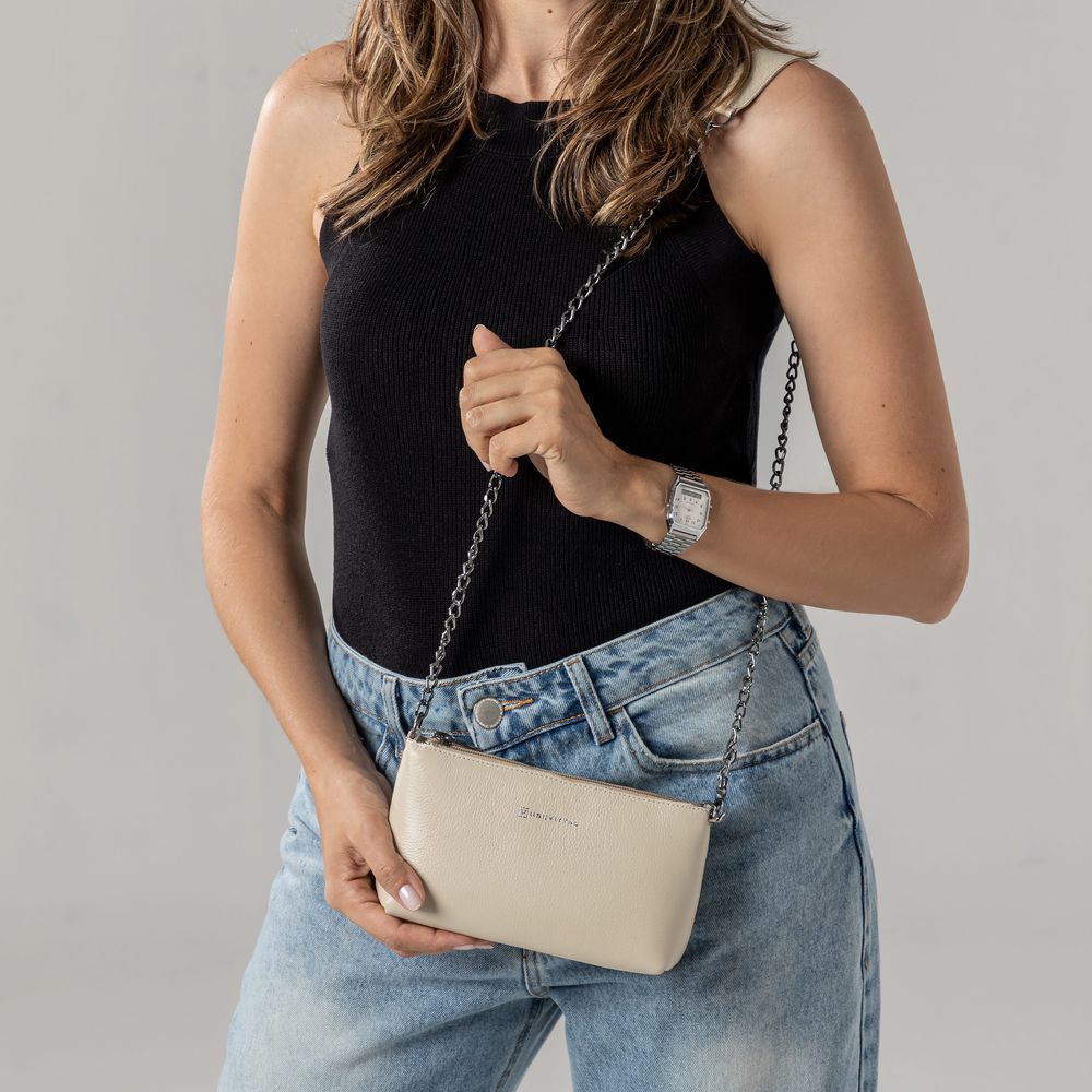 Bolsa Feminina Vittal Clutch Annelise em Couro Legitimo OffWhite Alça Corrente