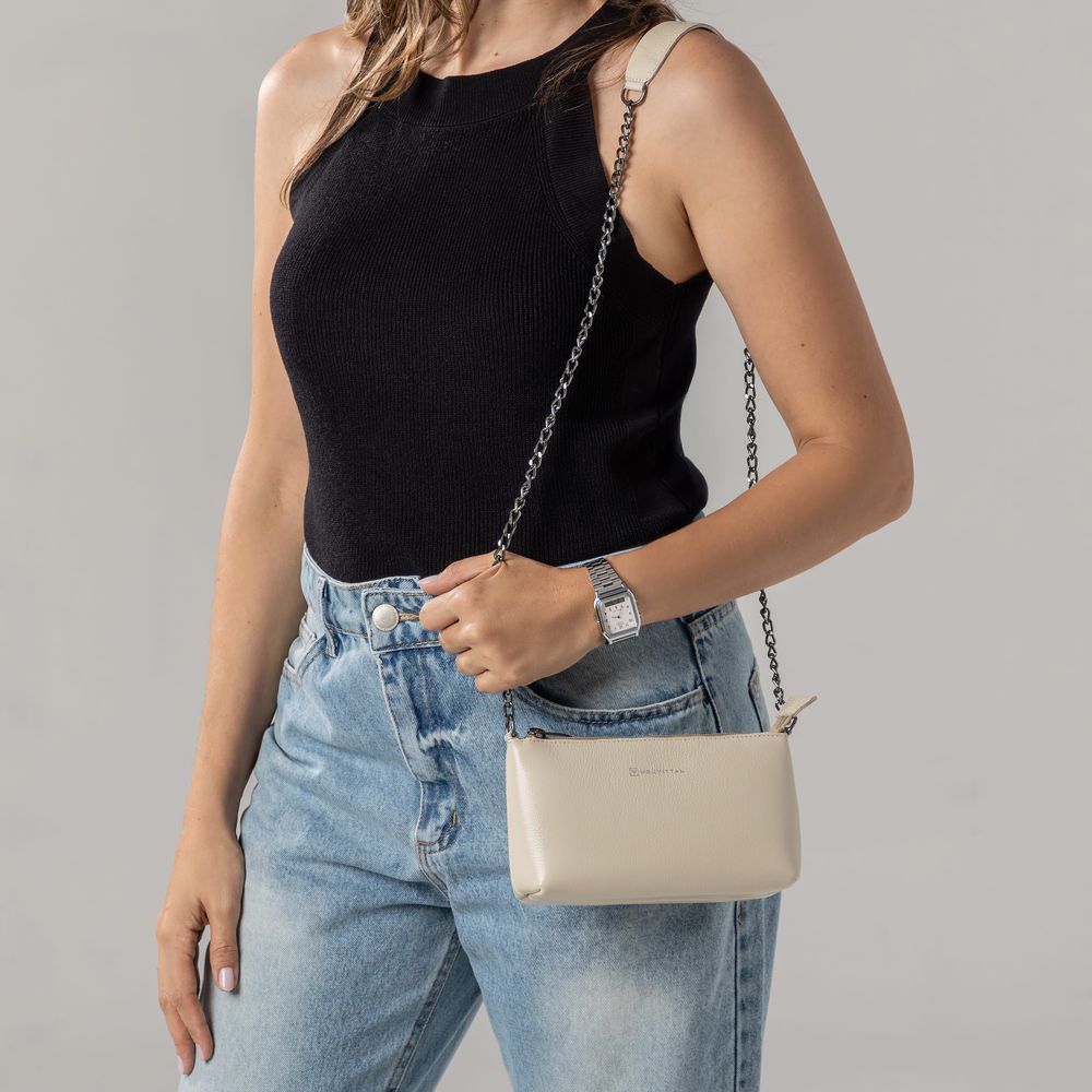 Bolsa Feminina Vittal Clutch Annelise em Couro Legitimo OffWhite Alça Corrente