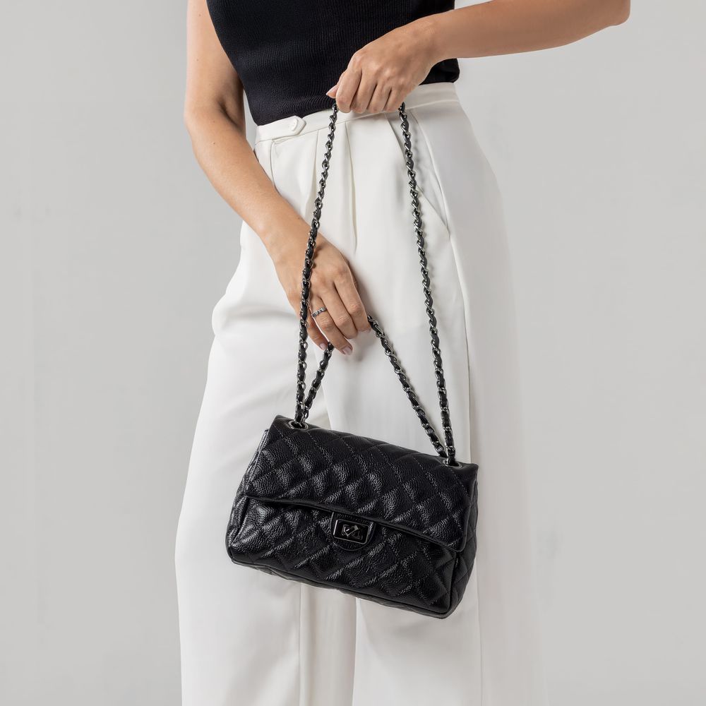 Bolsa Feminina de Couro Legítimo Preto Vittal Barbara Design Matelassê