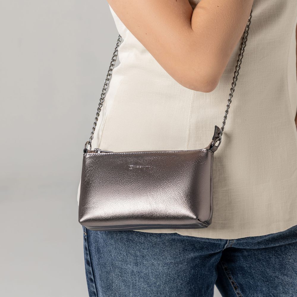 Bolsa Feminina Vittal Clutch Annelise em Couro Legitimo Onix Alça Corrente