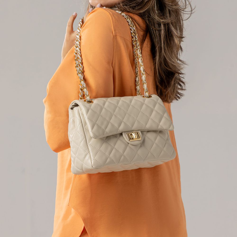 Bolsa Feminina de Couro Legítimo OffWhite Vittal Barbara Design Matelassê