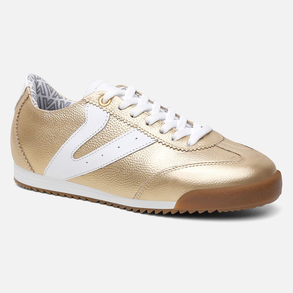 Tênis Feminino Couro Legítimo Naomi Dourado Casual Vittal Clássico Retrô