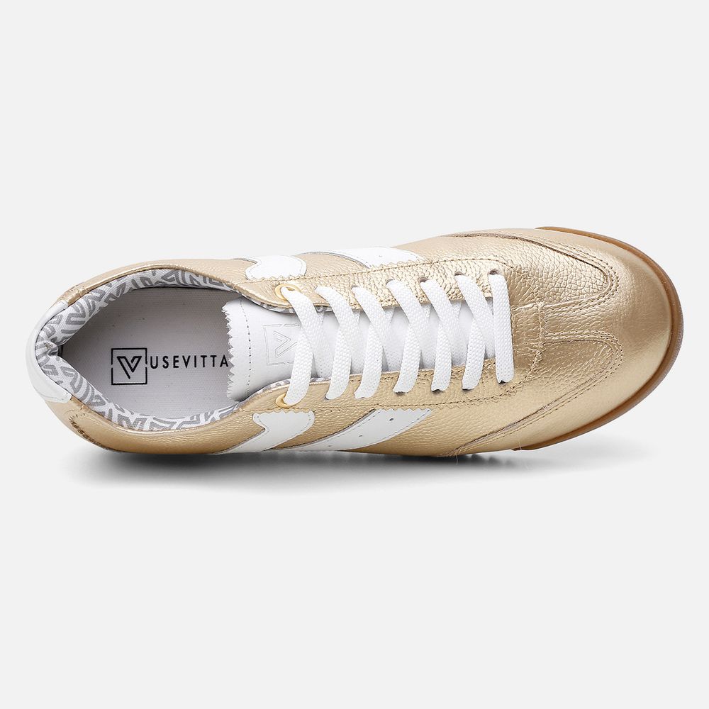 Tênis Feminino Couro Legítimo Naomi Dourado Casual Vittal Clássico Retrô